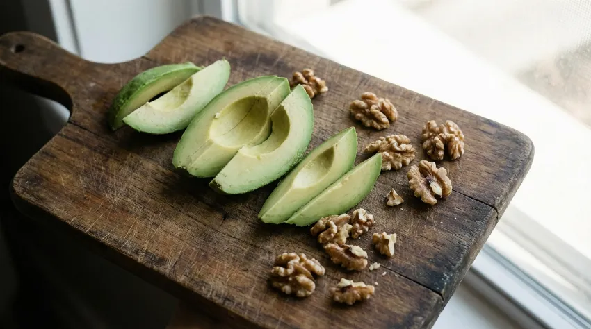 Narezan svež avokado in orehi na leseni deski.