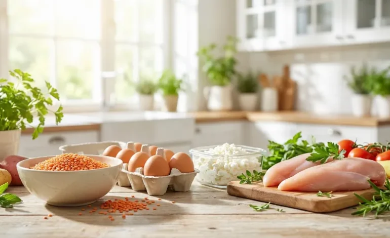 Različna živila bogata z beljakovinami na kuhinjski mizi, vključno s piščancem, jajci in skuto