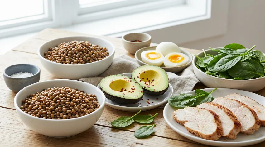 Različna živila bogata z beljakovinami in vlakninami na mizi