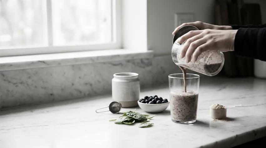 Priprava beljakovinskega napitka v kuhinji