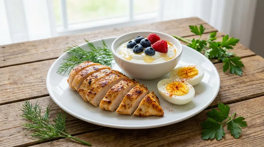 Uravnotežen obrok z visokim deležem beljakovin s piščancem in jajci