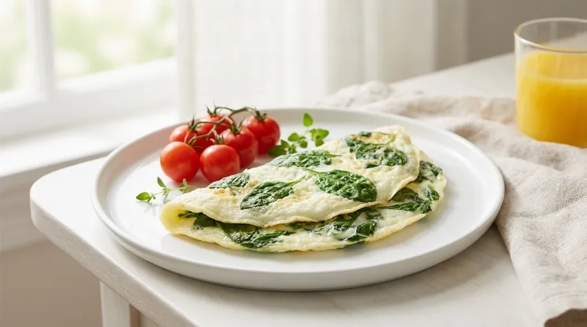 Zdrava omleta s špinačo na krožniku