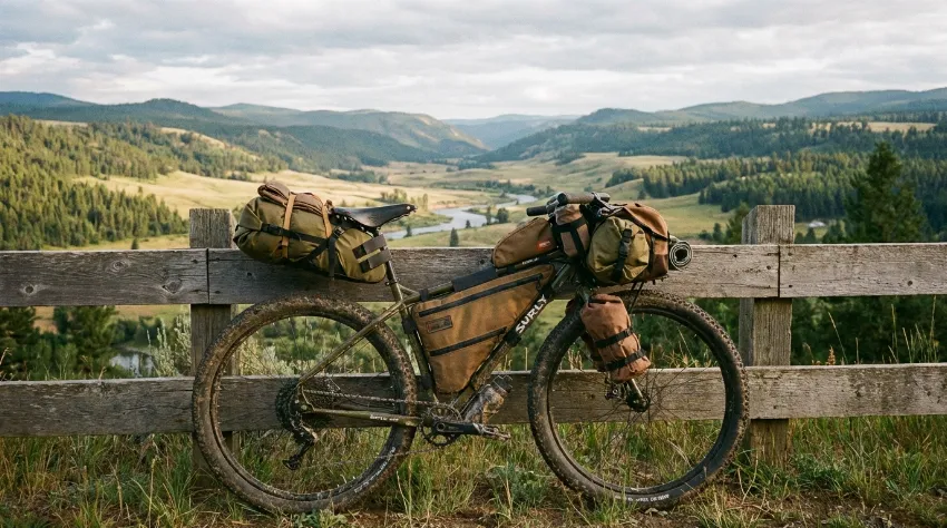 Kolo z bikepacking torbami v naravi