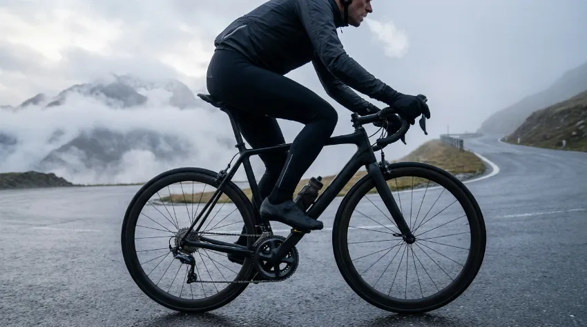 Kolesar na cestnem kolesu v zimski pokrajini