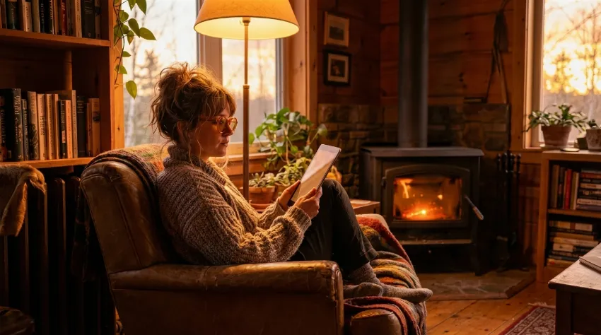 Ženska bere na tablici z očali za blokiranje modre svetlobe