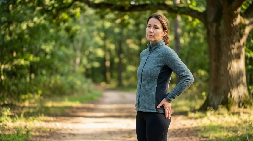 Tekačica v naravi drži roko na zunanjem delu boka zaradi bolečine