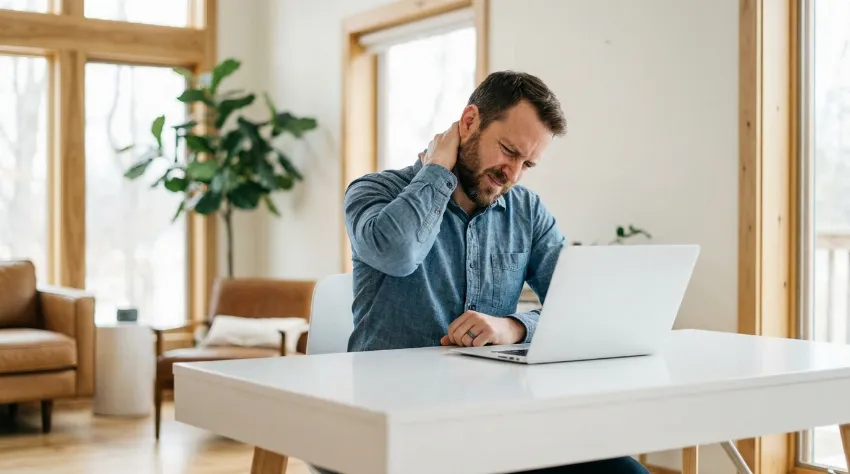 Moški za računalnikom z bolečino v vratu