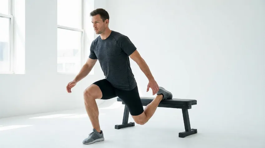 Moški izvaja bolgarski počep z nogo na klopi za stabilizacijo kolena