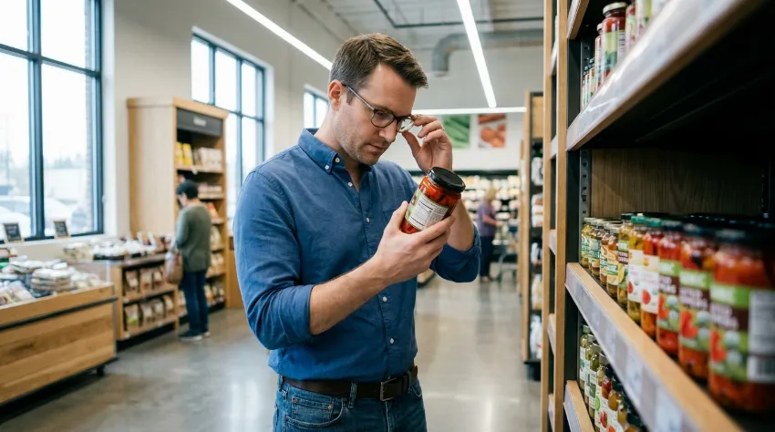 Moški bere deklaracijo na izdelku v trgovini