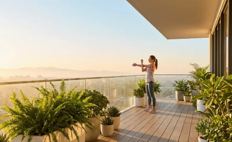 Ženska se preteguje na balkonu ob sončnem vzhodu za uravnavanje cirkadianega ritma