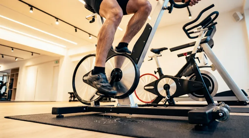 Noge kolesarja med poganjanjem pedalov na trenažerju, detajl mišic in napora.