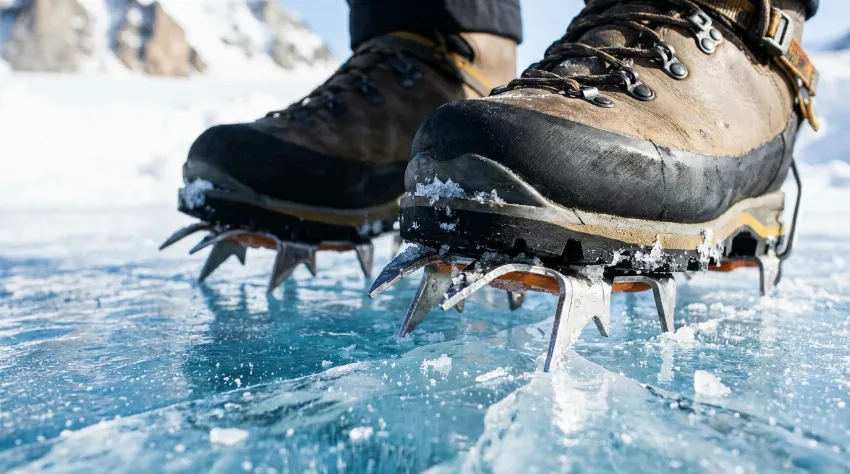 Bližnji posnetek gorniških čevljev z nameščenimi jeklenimi derezami na ledu.