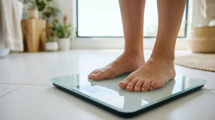 Noge na digitalni tehtnici v svetli kopalnici