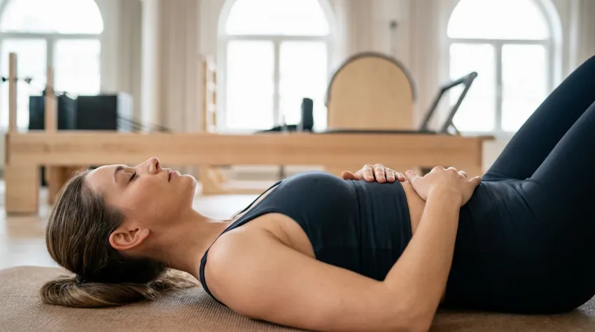 Ženska izvaja dihalne vaje leže na hrbtu