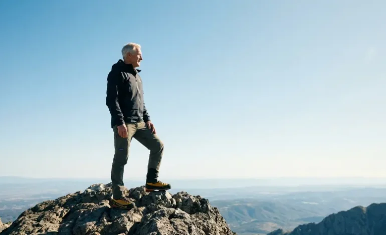 Vitalen starejši moški na vrhu gore gleda v daljavo