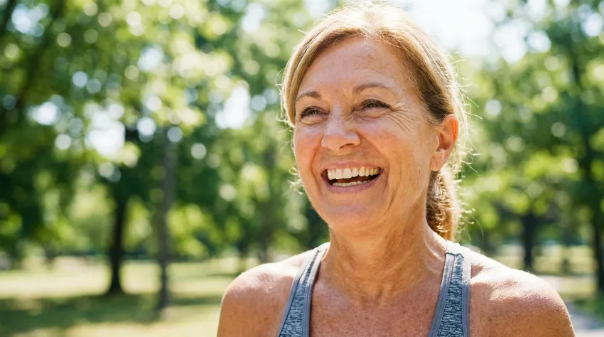 Vitalna starejša ženska se smeji v parku na sončen dan