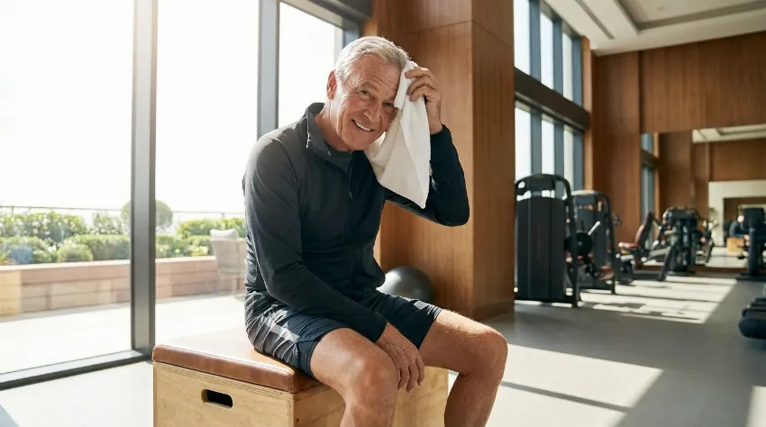 Vitalen starejši moški v fitnesu po vadbi