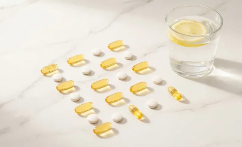 Omega-3 kapsule in vitaminske tablete na čisti podlagi