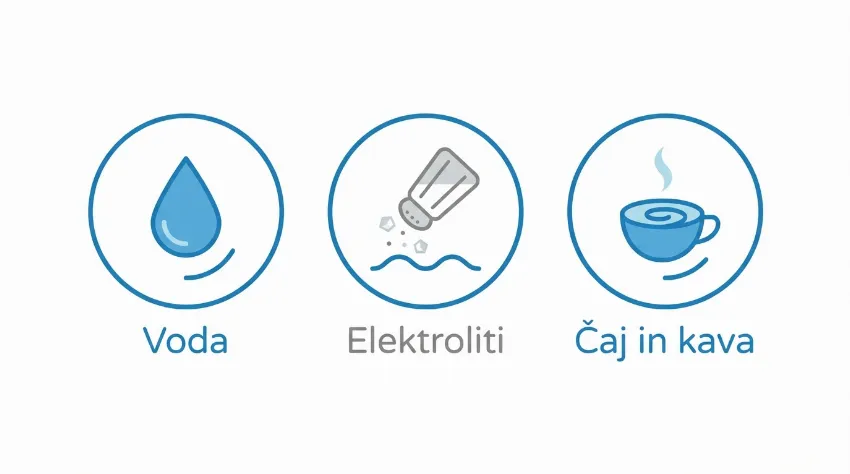 Infografika dovoljenih živil: voda, elektroliti, čaj in kava