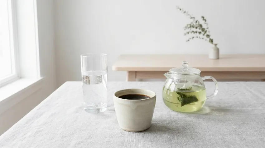 Minimalistična kompozicija vode, črne kave in zelenega čaja na mizi.