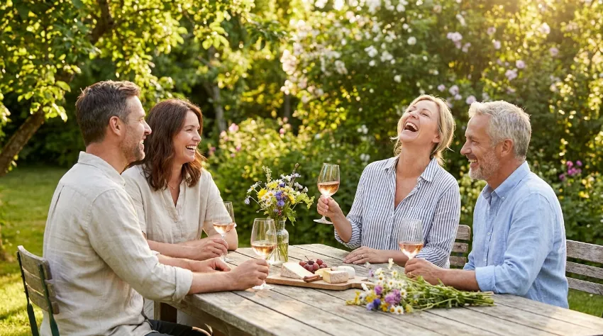 Prijatelji nazdravljajo z vinom na vrtu