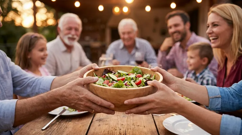 Družina pri skupnem obroku si podaja solato
