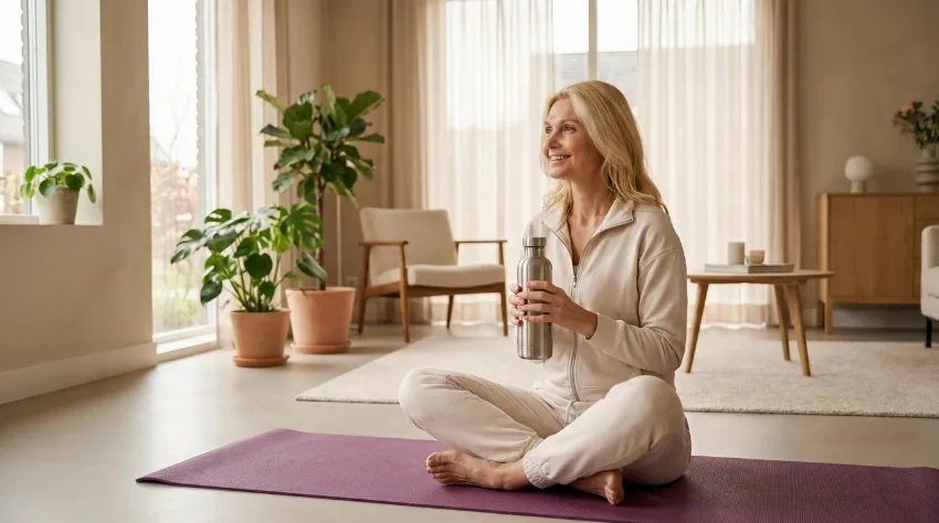 Zdrava ženska srednjih let počiva po vadbi na blazini