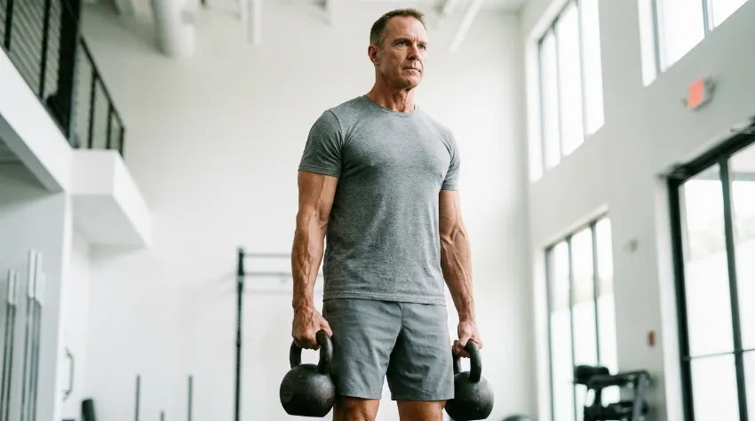 Moški izvaja vajo nošenja uteži v fitnesu