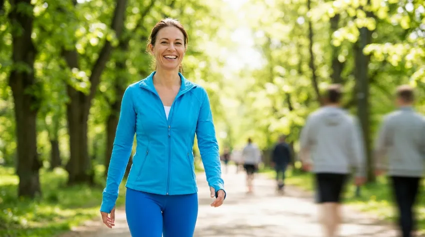 Ženska med hitro hojo v naravi za spodbujanje prebave