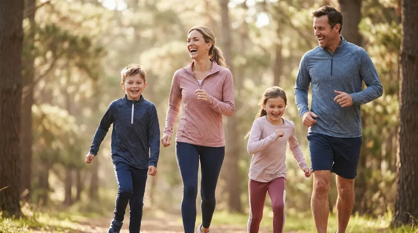 Družina na sproščenem sprehodu v naravi