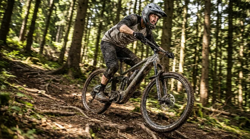 Gorski kolesar na strmem vzponu v gozdu