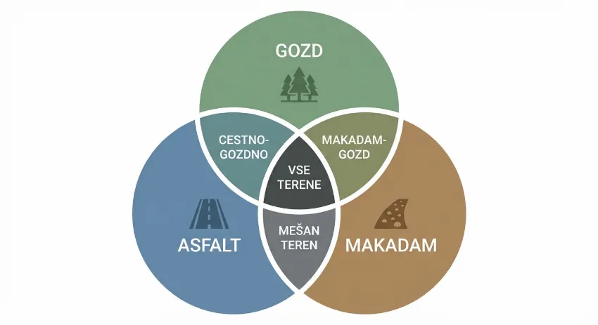 Graf prikazuje presečišče različnih terenov: asfalt, makadam in gozd