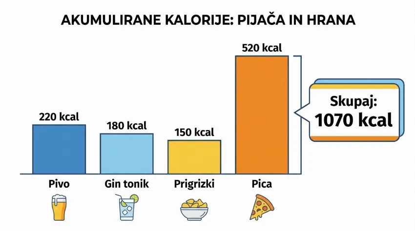 Grafikon prikaza kalorij piva, gina in prigrizkov