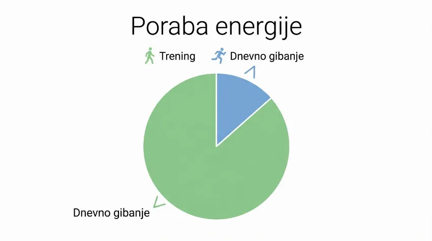 Graf prikazuje razliko v porabi energije med treningom in dnevnim gibanjem