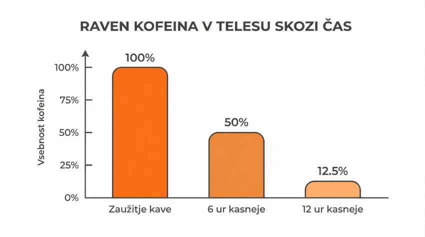 Graf prikazuje upadanje ravni kofeina v telesu skozi čas