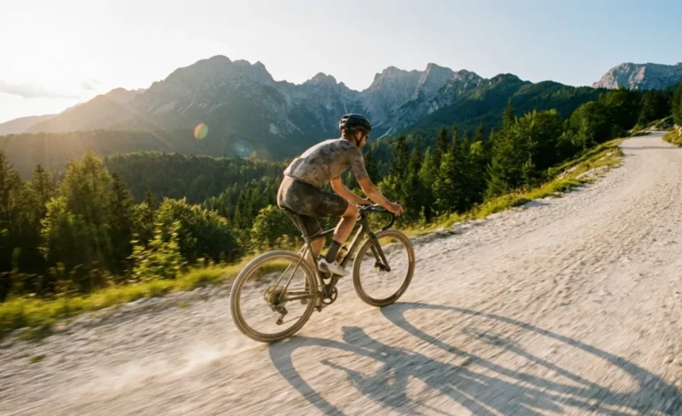 Kolesar na gravel kolesu drvi po makadamski cesti v slovenskih Alpah