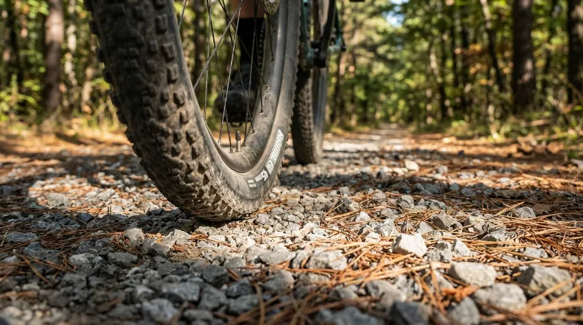 Široke pnevmatike gravel kolesa na gozdni podlagi
