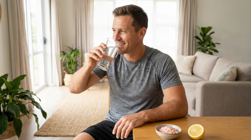 Moški pije vodo z elektroliti za hidracijo telesa.