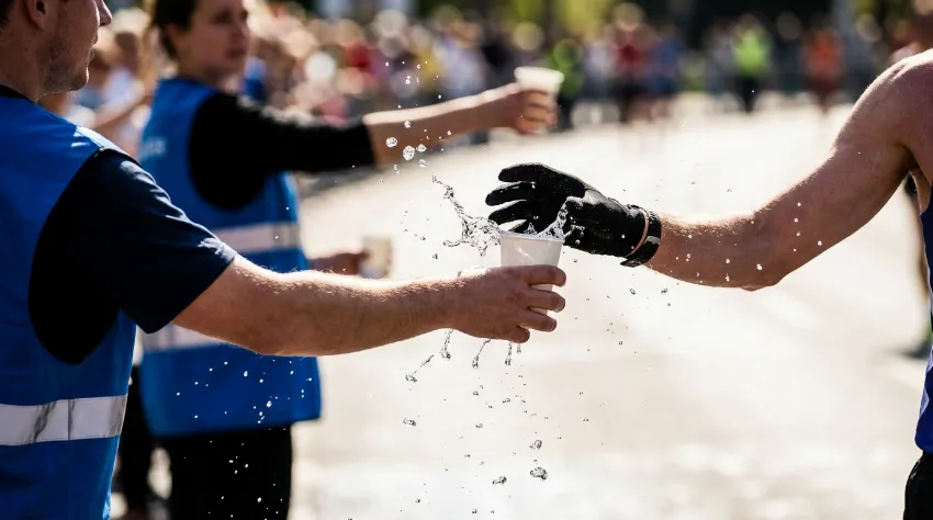 Tekač zgrabi kozarec vode na okrepčevalni postaji.