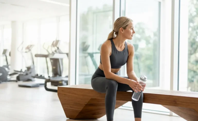 Rekreativna športnica pije vodo med odmorom v svetlem fitnesu