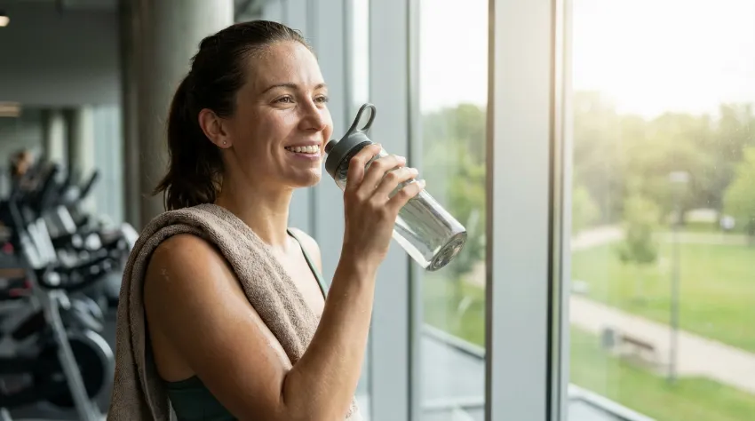 Zadovoljna ženska pije vodo po uspešnem treningu