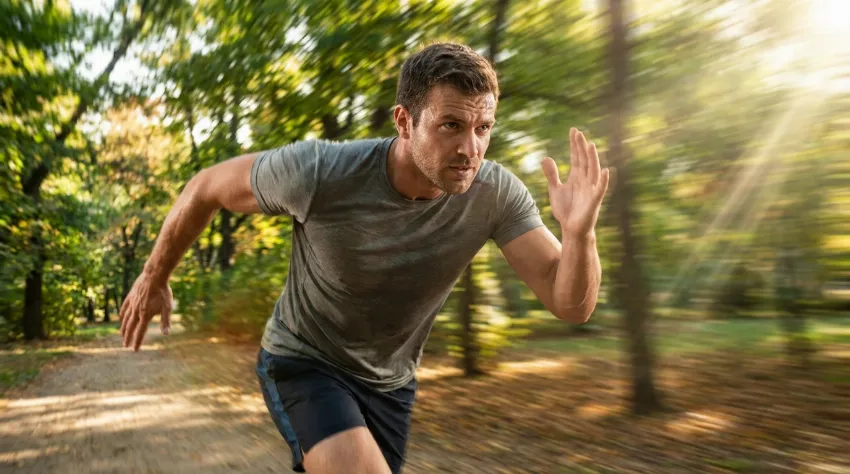 Moški teče šprint v naravi