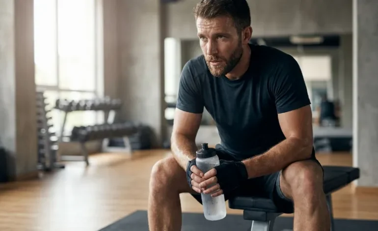 Športnik hladi dlani s hladno plastenko vode med odmorom v fitnesu.