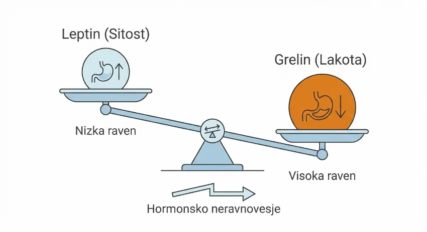 Graf prikazuje neravnovesje hormonov leptin in grelin med dieto