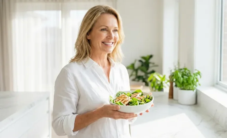 Sijoča ženska po 50. letu v svetli kuhinji s skledo zdrave solate z beljakovinami