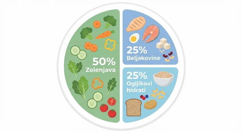 Grafični prikaz sestave krožnika: 50% zelenjava, 25% beljakovine, 25% ogljikovi hidrati