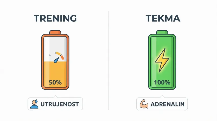Infografika primerjave med treningom in tekmo prikazuje utrujenost in adrenalin