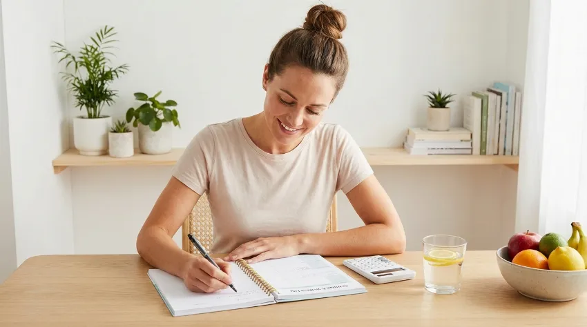 Oseba računa dnevni vnos beljakovin in piše v dnevnik