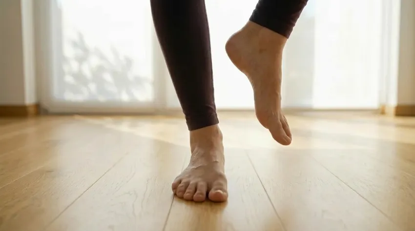 Prikaz stoje na eni nogi bosi na lesenih tleh