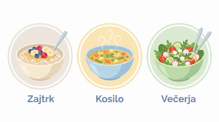 Prikaz dnevnega jedilnika: zajtrk, kosilo in večerja